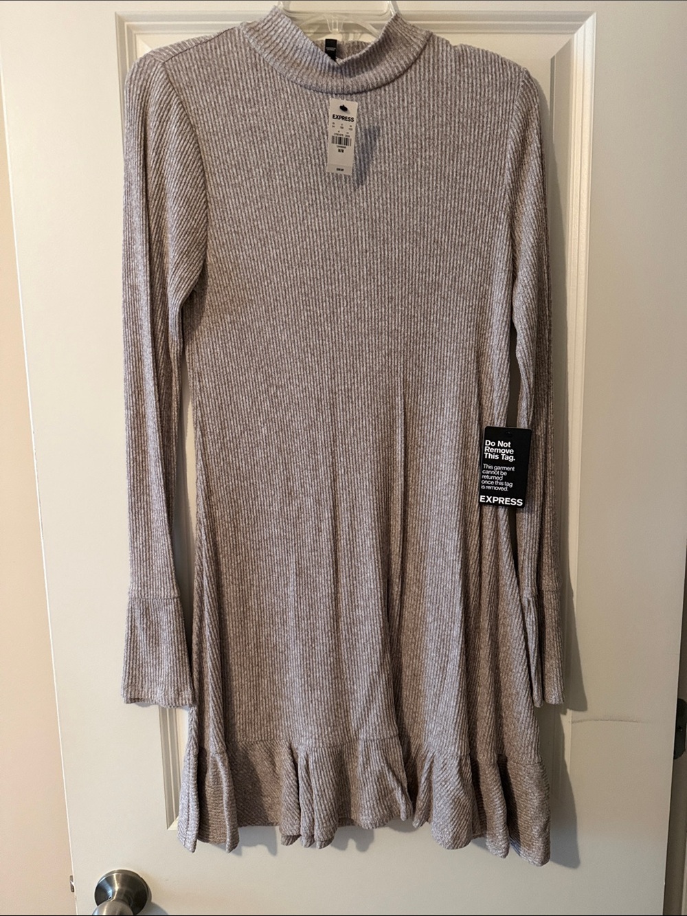 Express Light Taupe Ribbed Mock Neck Sweater Dress